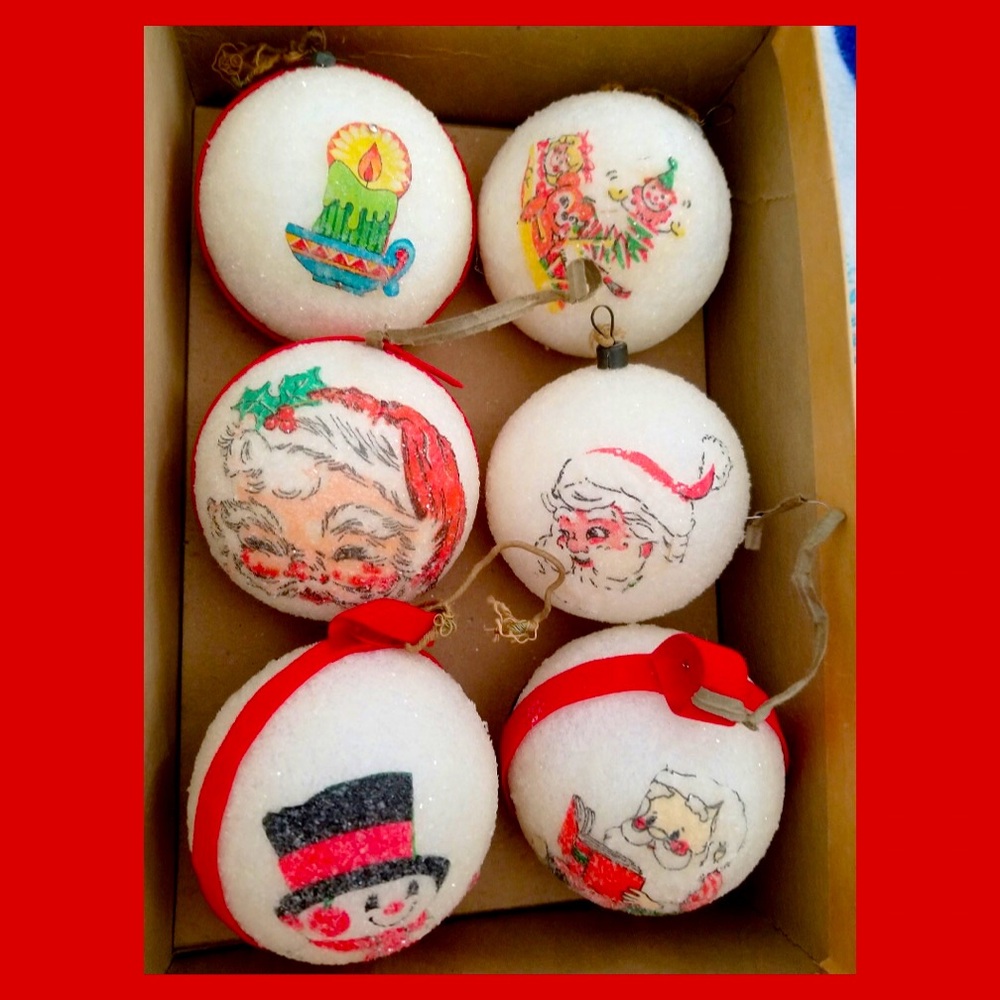 ⛄️Vintage 6 Glitter Frosted Styrofoam Christmas Ball Handcrafted Tree Ornaments